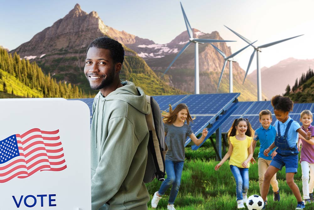 Collage with a man smiling at a voting booth in the foreground with kids playing soccer, solar panels and windmills, and a mountain landscape in the background.