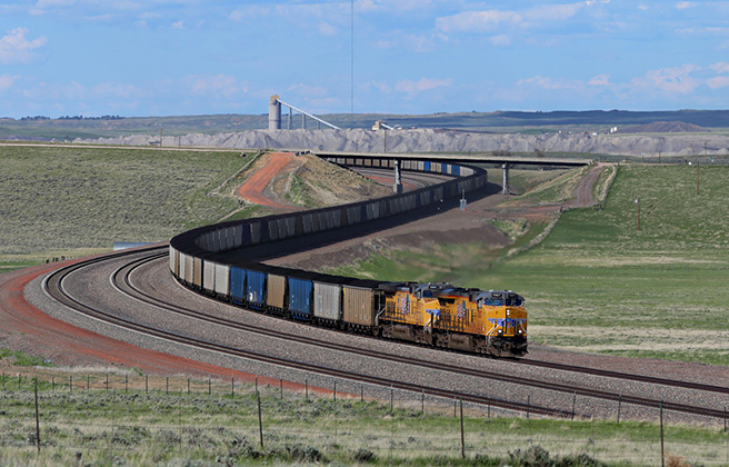 A train running through the Powder River Basin coal production area.