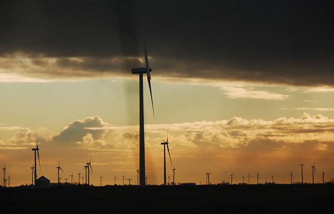 Wind turbines at Sunset outside of Chicago, Illinois.