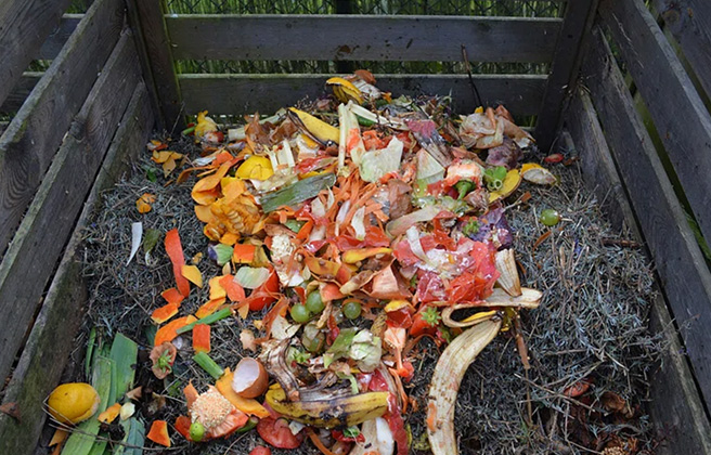 Food waste piling up in a compost bin.