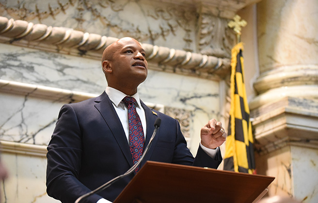 Maryland Governor Wes Moore speaking at a podium.