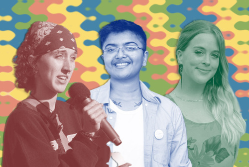 Three young people, Maggie, Krishna, and Jules, are pictured over a colorful patterned background.