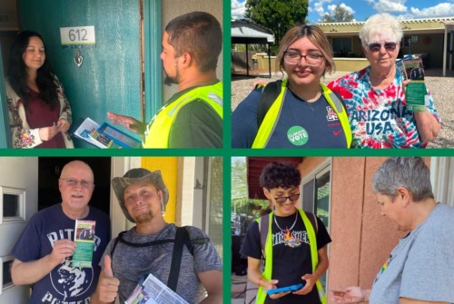 Collage of photos of LCV Victory Fund volunteer canvassers speaking with voters at their front doors