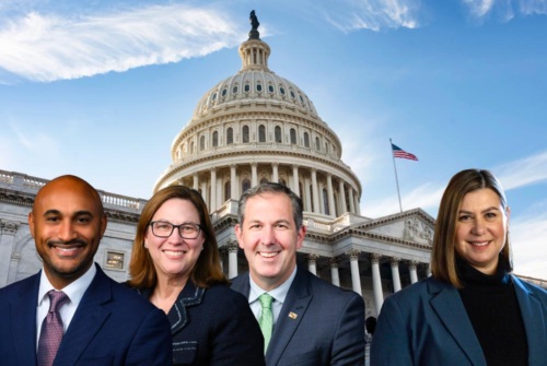 Photos of U.S. Representatives Shomari Figures, Julie Johnson, and Johnny Olszewski and U.S. Senator Elissa Slotkin superimposed on an image of the Capitol Building