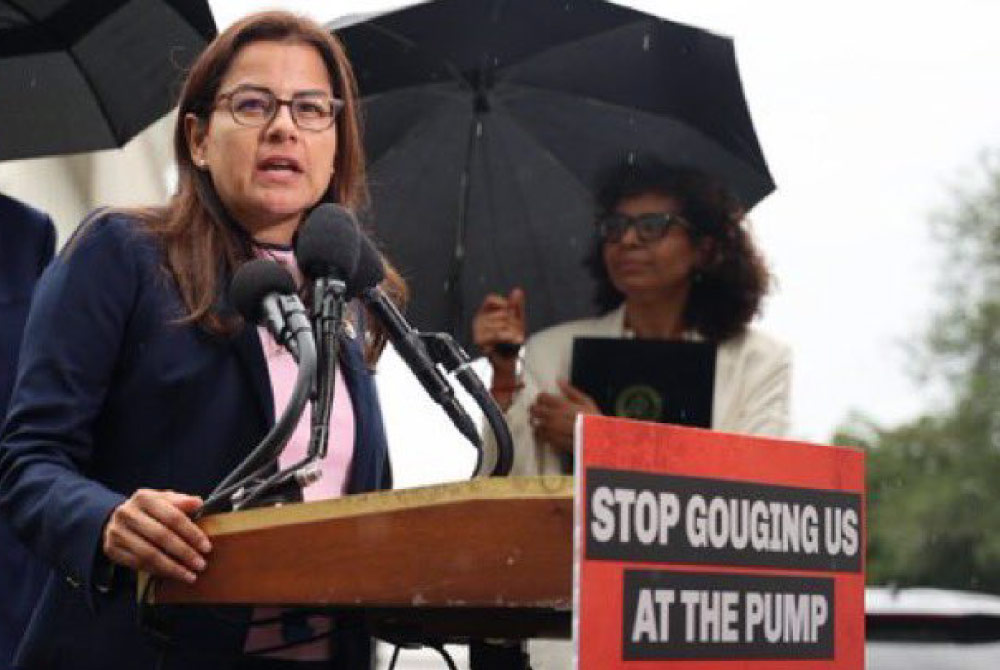 Representative Barragan speaking during a press conference on holding big polluters accountable and price gouging.