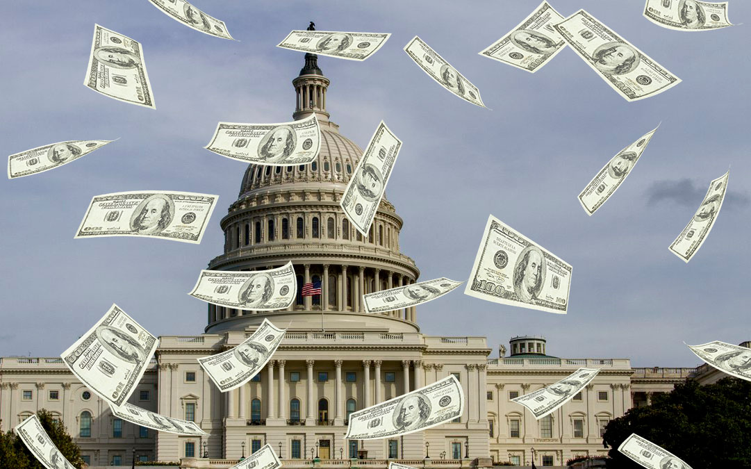 Money falls from the sky in the foreground with the U.S. Capitol building in the background.